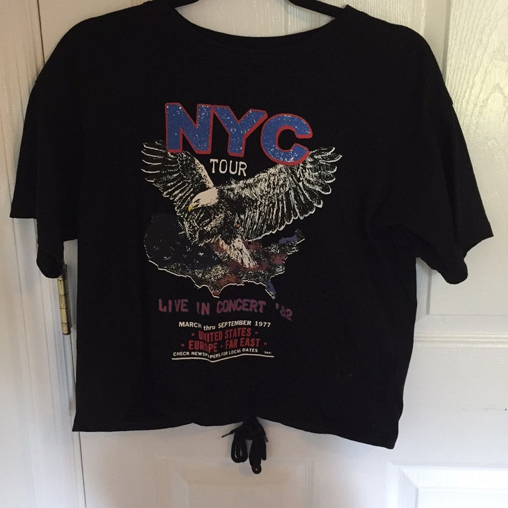 black graphic tee with tie down the back